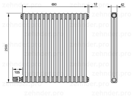Схема (чертеж) Радиатор Zehnder Charleston 2250/15 №V004 Белый глянцевый RAL 9016